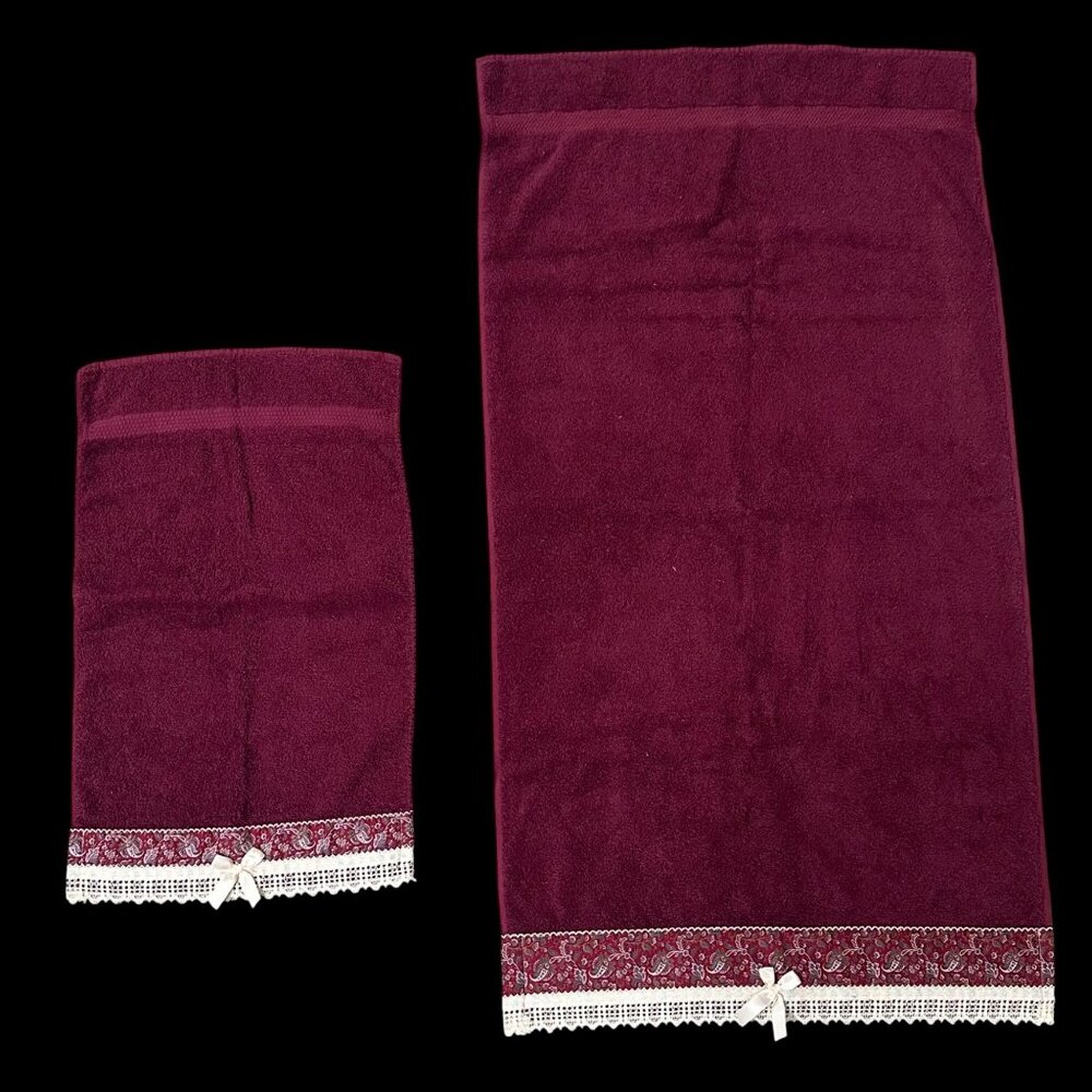 Vintage Burgundy Bath Hand Towel Set Paisley Lace Bow Trim Maroon Red Dundee USA - Picture 4 of 9
